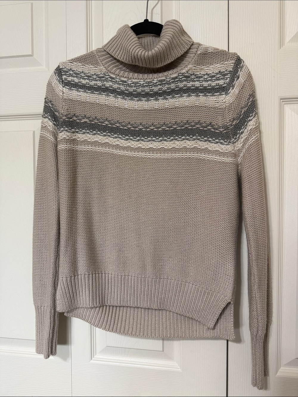 Cozy Taupe Turtleneck Sweater with Fair Isle Yoke